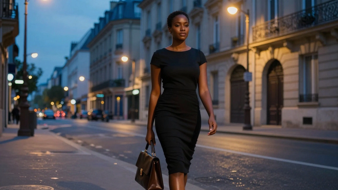 A confident Black woman walking alone down a quiet Paris street at dusk, dressed elegantly.
