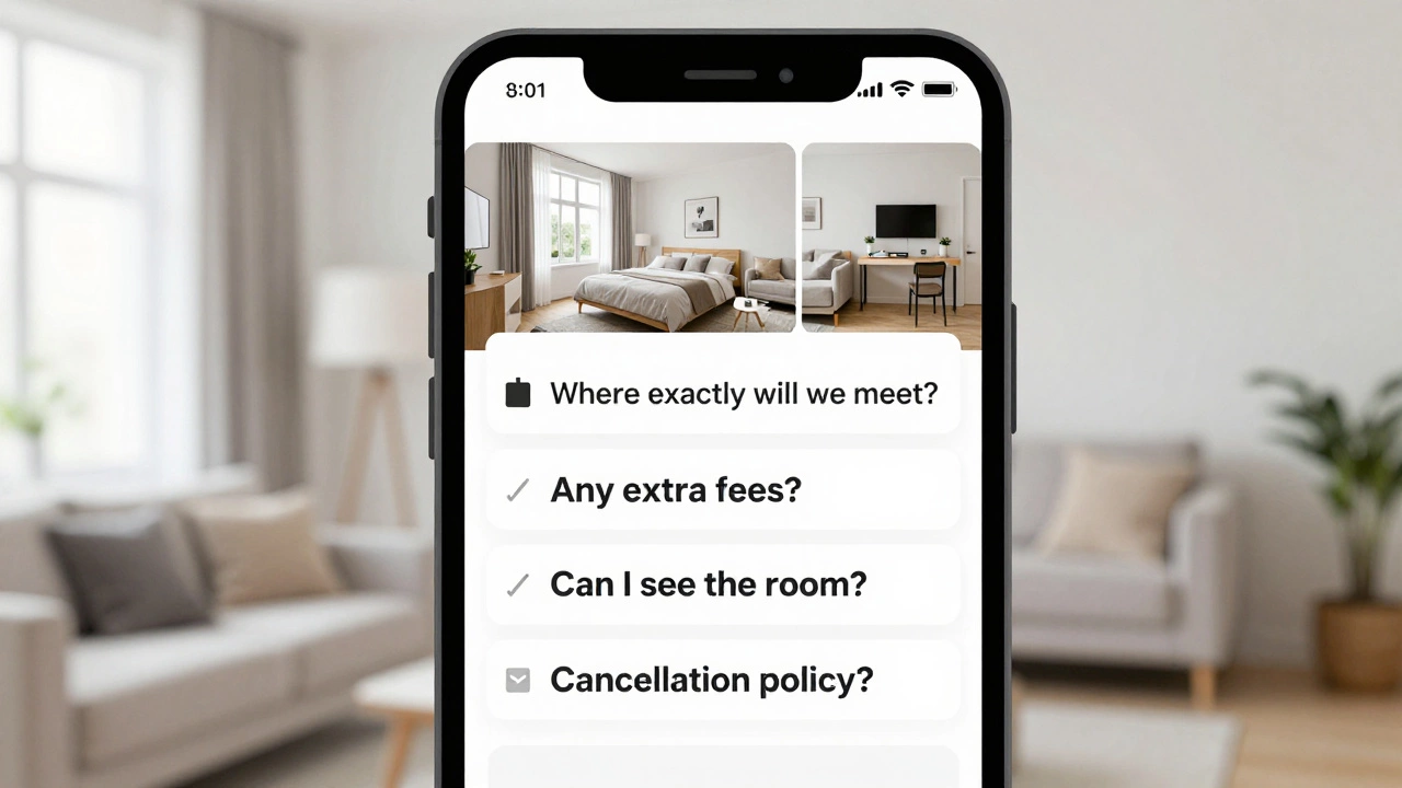 A smartphone screen showing a professional escort profile with clear apartment photos and a checklist of important safety questions.