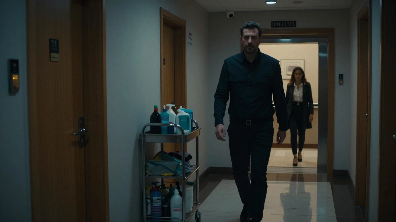 A tense man walking down a Dubai hotel corridor at night, security camera visible, hinting at the risks of an outcall.