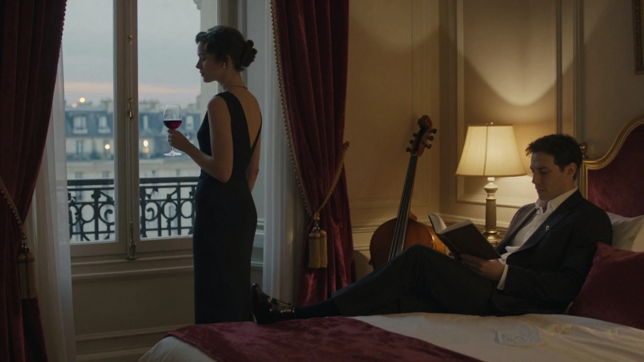A woman standing by a hotel window in Paris, wine in hand, as a man reads nearby in soft golden light.